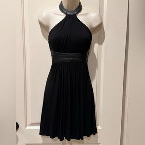 Sky black mini dress in black w leather belt and collar detail. SZ S.